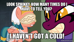 Size: 800x450 | Tagged: safe, edit, edited screencap, imported from derpibooru, screencap, somnambula, sphinx (character), sphinx, daring done?, blindfold, caption, image macro, looney tunes, text