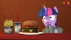 Size: 3840x2160 | Tagged: safe, artist:marianokun, imported from derpibooru, twilight sparkle, anthro, 3d, burger, chips, clothes, food, french fries, hamburger, hands on cheeks, soda, solo, source filmmaker, surprised, twilight burgkle