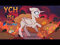 Size: 1280x960 | Tagged: safe, artist:fenix-artist, imported from derpibooru, oc, oc only, alicorn, pony, alicorn oc, commission, halloween, holiday, horn, jack-o-lantern, pumpkin, raised hoof, scared, solo, wings, your character here