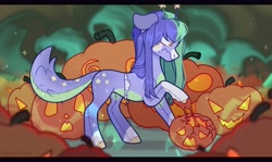 Size: 1440x861 | Tagged: safe, artist:fenix-artist, imported from derpibooru, oc, oc only, earth pony, pony, commission, earth pony oc, female, floppy ears, halloween, holiday, jack-o-lantern, mare, pumpkin, raised hoof, scared, ych result