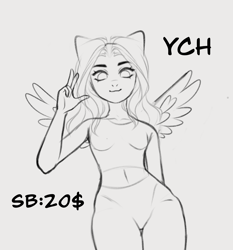 Size: 1207x1295 | Tagged: safe, artist:fenix-artist, imported from derpibooru, oc, oc only, anthro, pegasus, clothes, commission, female, lineart, monochrome, peace sign, pegasus oc, smiling, solo, your character here