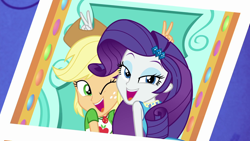 Size: 1920x1080 | Tagged: safe, imported from derpibooru, screencap, applejack, rarity, equestria girls, equestria girls series, rollercoaster of friendship, cute, jackabetes, raribetes, rarity peplum dress, shipping fuel