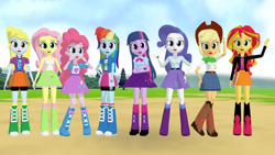 Size: 1192x670 | Tagged: safe, artist:mmddashie, imported from derpibooru, applejack, derpy hooves, fluttershy, pinkie pie, rainbow dash, rarity, sunset shimmer, twilight sparkle, human, equestria girls, 3d, belt, boots, bow, bowtie, clothes, cowboy boots, cowboy hat, hat, high heel boots, humane five, humane seven, humane six, jacket, leather jacket, pants, shirt, shoes, skirt, socks, vest