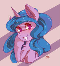 Size: 1851x2022 | Tagged: safe, artist:nanazdina, imported from derpibooru, izzy moonbow, pony, unicorn, bust, cute, female, g5, izzybetes, mare, my little pony: a new generation, portrait, simple background, smiling, solo