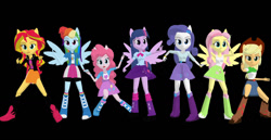 Size: 1359x700 | Tagged: safe, artist:mmddashie, imported from derpibooru, applejack, fluttershy, pinkie pie, rainbow dash, rarity, sunset shimmer, twilight sparkle, alicorn, human, equestria girls, 3d, black background, boots, high heel boots, humane five, humane seven, humane six, shoes, simple background, twilight sparkle (alicorn)