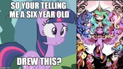Size: 666x375 | Tagged: safe, artist:shira-hedgie, edit, edited screencap, imported from derpibooru, screencap, applejack, fluttershy, pinkie pie, princess cadance, princess celestia, princess luna, rainbow dash, rarity, spike, twilight sparkle, alicorn, dragon, earth pony, pegasus, pony, unicorn, caption, element of generosity, element of honesty, element of kindness, element of laughter, element of loyalty, element of magic, elements of harmony, grammar error, image macro, impact font, mane six, meme, target demographic, text, watermark