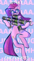 Size: 750x1334 | Tagged: safe, artist:atxmic, imported from derpibooru, pinkie pie, earth pony, bipedal, can, caption, drink, female, mare, monster energy, pinkamena diane pie, sad, simple background, solo, song reference, sparkly mane, straight hair, text, wingding eyes