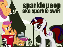 Size: 400x300 | Tagged: safe, artist:sparklepeep, imported from derpibooru, scootaloo, oc, oc:sparkle swirl, pegasus, pony, unicorn, eyes closed, female, filly, flying, foal, frown, hat, hooves in air, horn, kfc, mare, mud, ponyville schoolhouse, sad, school, scootachicken, scootaloo can't fly, smiling, spread wings, unamused, wings