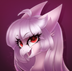 Size: 2123x2118 | Tagged: safe, artist:darkmaxxie, imported from derpibooru, oc, oc only, oc:ophelia, hippogriff, birb, cute, eye clipping through hair, eyebrows, eyebrows visible through hair, headshot commission, heart eyes, high res, looking at you, pink, red eyes, simple background, smiling, smiling at you, solo, wingding eyes