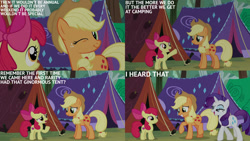 Size: 1280x720 | Tagged: safe, edit, edited screencap, editor:quoterific, imported from derpibooru, screencap, apple bloom, applejack, rarity, earth pony, pony, unicorn, campfire tales, season 7, adorabloom, apple bloom's bow, applejack's hat, bow, cowboy hat, cute, female, filly, foal, grin, hair bow, hat, jackabetes, mare, one eye closed, open mouth, open smile, smiling, text, wink