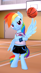 Size: 1080x1920 | Tagged: safe, artist:owlpirate, imported from derpibooru, rainbow dash, pegasus, pony, 3d, basketball, basketball court, bipedal, clothes, crossed hooves, jersey, looking at you, shorts, smiling, smiling at you, smirk, solo, source filmmaker, sports, wing hands, wings