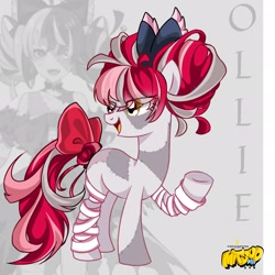 Size: 1772x1772 | Tagged: safe, artist:mitsuokun, imported from derpibooru, pony, undead, zombie, zombie pony, bandage, blank flank, bow, hair bow, heterochromia, hololive, kureji ollie, ponified, stitches, tail, tail bow, vtuber