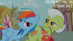 Size: 1280x720 | Tagged: safe, edit, edited screencap, editor:quoterific, imported from derpibooru, screencap, granny smith, rainbow dash, earth pony, pegasus, pony, season 2, the mysterious mare do well, duo, female, mare, mouth hold, smiling, text