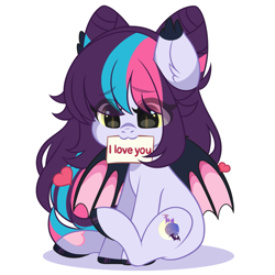 Size: 1397x1397 | Tagged: artist needed, safe, imported from derpibooru, oc, oc only, oc:sugar night, bat pony, pony, bat pony oc, female, heart, mare, simple background, solo, white background