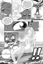 Size: 1500x2202 | Tagged: safe, artist:boastudio, imported from derpibooru, gallus, pinkie pie, silverstream, anthro, griffon, hippogriff, seapony (g4), comic:hooves & fins, ass, breasts, busty pinkie pie, butt, clothes, cloud, comic, eyes closed, female, fins, fish tail, male, mare, monochrome, ocean, open mouth, rock, seapony silverstream, sky, speech bubble, swimsuit, tail, water