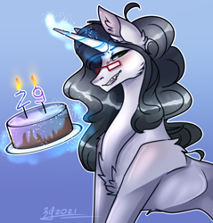 Size: 2204x2304 | Tagged: artist needed, safe, imported from derpibooru, oc, oc only, oc:reinina hazard, pony, unicorn, birthday cake, cake, candle, food, rule 63, solo