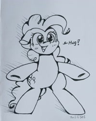 Size: 2828x3546 | Tagged: safe, artist:twiliset, imported from derpibooru, pinkie pie, earth pony, pony, arms wide open, bipedal, black and white, cute, grayscale, hug request, monochrome, open mouth, open smile, paper, simple background, smiling, solo, underhoof