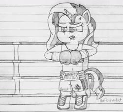 Size: 1280x1175 | Tagged: safe, artist:ct1443ae, imported from derpibooru, sunset shimmer, semi-anthro, unicorn, equestria girls, angry, boxing, boxing gloves, boxing ring, boxing shorts, clothes, lined paper, mouth guard, pencil drawing, shoes, shorts, solo, sports, traditional art