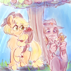 Size: 1000x1000 | Tagged: safe, artist:mimiporcellini, imported from derpibooru, applejack, earth pony, human, pony, apple, apple tree, colored sketch, crossover, crossover shipping, female, hol horse, holjack, interspecies, jojo's bizarre adventure, male, mare, shipping, straight, tree