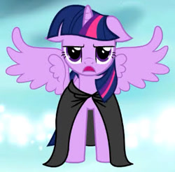 Size: 341x335 | Tagged: safe, artist:melonharmony, imported from derpibooru, twilight sparkle, alicorn, pony, cloak, clothes, female, floppy ears, frown, horn, mare, open mouth, spread wings, twilight sparkle (alicorn), twilight sparkle is not amused, unamused, wings, youtube link