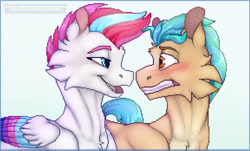 Size: 1280x773 | Tagged: safe, artist:hikolasskeen, imported from derpibooru, hitch trailblazer, zipp storm, earth pony, pegasus, pony, blushing, female, g5, hitchzipp, looking at each other, looking at someone, male, nervous, pixel art, shipping, smiling, straight