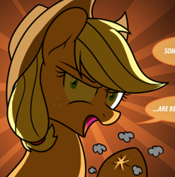 Size: 496x502 | Tagged: safe, artist:ladyanidraws, edit, imported from derpibooru, applejack, earth pony, pony, applejack's hat, cowboy hat, cropped, dialogue, female, hat, mare, speech bubble, text, unamused