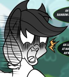 Size: 397x443 | Tagged: safe, artist:ladyanidraws, edit, imported from derpibooru, applejack, earth pony, pony, applejack's hat, colorless, cowboy hat, cropped, dialogue, emanata, female, hat, mare, screaming, shocked, speech bubble, text