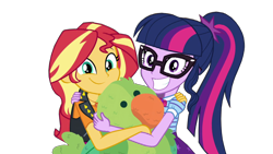 Size: 1920x1080 | Tagged: safe, artist:rarityvrymercollectiveoriginals, edit, edited screencap, imported from derpibooru, screencap, sci-twi, sunset shimmer, twilight sparkle, bird, human, parakeet, equestria girls, equestria girls series, holidays unwrapped, spoiler:eqg series (season 2), background removed, dashing through the mall, geode of empathy, geode of telekinesis, it's not about the parakeet, magical geodes, not a vector, simple background, table, transparent background