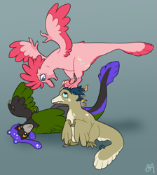 Size: 825x920 | Tagged: safe, artist:greenarsonist, imported from derpibooru, pinkie pie, basilisk, demon, dinosaur, feathered dinosaur, velociraptor, spoiler:the owl house, beast demon, crossover, dinosaurified, female, gray background, hat, homestuck, lying down, nepeta leijon, shapeshifter, simple background, sitting, smiling, species swap, spoilers for another series, spread wings, standing on head, the owl house, trio, trio female, vee, wings