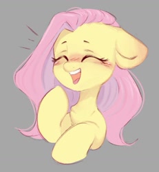 Size: 951x1031 | Tagged: safe, artist:melodylibris, imported from derpibooru, fluttershy, pegasus, pony, blushing, bust, cute, emanata, eyes closed, female, floppy ears, gray background, laughing, mare, open mouth, open smile, shyabetes, simple background, smiling, solo