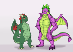 Size: 3507x2480 | Tagged: safe, artist:exelzior, imported from derpibooru, spike, oc, oc:sinuous, dragon, fanfic:how times change, adult, adult spike, beefspike, disguise, disguised changedling, disguised changeling, female, male, muscles, muscular male, older, older spike