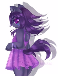 Size: 1643x2160 | Tagged: safe, artist:renari, imported from derpibooru, oc, oc only, anthro, semi-anthro, butt, clothes, commission, cute, dress, female, furry, looking at you, mare, plot, purple hair, simple background, solo, tail, white background