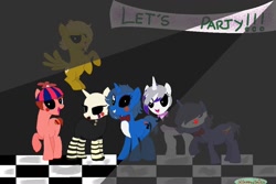 Size: 1024x683 | Tagged: safe, imported from derpibooru, earth pony, pegasus, pony, unicorn, balloon boy, bandage, banner, beanie hat, bonnie (fnaf), chica, crossover, female, five nights at freddy's, five nights at freddy's 2, food, hat, male, mangle, mare, marionette, party, pizza, ponified, puppet, raised hoof, spotlight, stallion, toy bonnie, toy chica, withered, withered bonnie