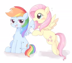 Size: 2048x1789 | Tagged: safe, artist:ginmaruxx, imported from derpibooru, fluttershy, rainbow dash, pegasus, pony, bandage, blushing, bruised, butt, cute, dashabetes, duo, duo female, female, floating, flutterdash, flying, hoof hold, injured, injured wing, lesbian, looking at each other, looking at someone, mare, open mouth, plot, shipping, shyabetes, simple background, sitting, spread wings, sweat, white background, wings, worried