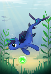 Size: 2041x2939 | Tagged: safe, artist:icaron, imported from derpibooru, oc, oc only, hybrid, merpony, unicorn, bubble, dorsal fin, fins, fish tail, flowing tail, glowing, glowing horn, horn, male, ocean, seaponified, seaweed, solo, species swap, stallion, sunlight, swimming, tail, underwater, water