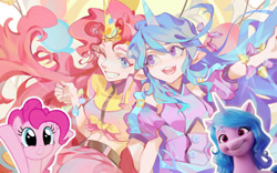 Size: 1146x717 | Tagged: safe, artist:animesoul, imported from derpibooru, part of a set, izzy moonbow, pinkie pie, earth pony, human, pony, unicorn, balloon, clothes, duo, g5, hat, holding hands, horn, horned humanization, humanized, izzy and her heroine, looking at each other, looking at someone, party hat