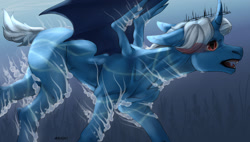 Size: 1280x728 | Tagged: safe, artist:arhio-zero, imported from derpibooru, oc, oc only, alicorn, bat pony, bat pony alicorn, hybrid, pony, bat pony oc, bat wings, bubble, commission, crepuscular rays, digital art, fangs, horn, male, ocean, open mouth, partially open wings, red eyes, seaweed, signature, solo, stallion, sunlight, teeth, underwater, water, wings, ych result