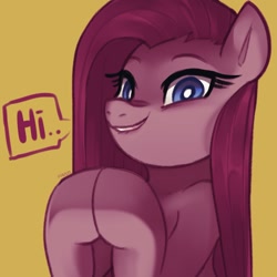 Size: 1310x1309 | Tagged: safe, artist:maren, imported from derpibooru, pinkie pie, earth pony, pony, doodle, eyebrows, female, grin, hi, hooves together, lip bite, looking at you, mare, pinkamena diane pie, signature, simple background, smiling, smiling at you, solo, talking, talking to viewer, yellow background