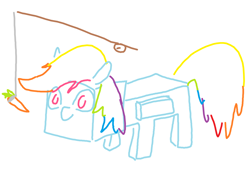 Size: 1200x900 | Tagged: safe, artist:purblehoers, imported from derpibooru, rainbow dash, pegasus, pony, carrot, carrot on a stick, female, fishing rod, food, herbivore, mare, minecraft, ms paint, simple background, solo, white background