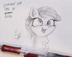 Size: 2121x1685 | Tagged: safe, artist:engi, imported from derpibooru, derpy hooves, pegasus, pony, female, happy, open mouth, pencil drawing, solo, traditional art
