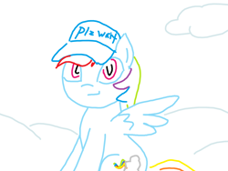 Size: 1200x900 | Tagged: safe, artist:purblehoers, imported from derpibooru, rainbow dash, pegasus, pony, cloud, female, hat, looking at you, mare, ms paint, on a cloud, simple background, sitting, sitting on a cloud, smiling, solo, spread wings, white background, wings