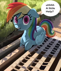 Size: 1931x2245 | Tagged: safe, artist:_ton618_, imported from derpibooru, rainbow dash, pegasus, pony, adorable distress, cattle grid, cute, dashabetes, dialogue, female, floppy ears, folded wings, looking at you, mare, no catchlights, open mouth, ponified animal photo, solo, speech bubble, stuck, sweat, sweatdrop, talking, talking to viewer, teeth, wings