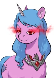 Size: 608x873 | Tagged: safe, artist:adeptus-monitus, imported from derpibooru, izzy moonbow, pony, unicorn, alicorn amulet, eye mist, eyebrows, female, g5, lidded eyes, mare, oh no, simple background, smiling, smirk, solo, this will not end well, white background, xk-class end-of-the-world scenario