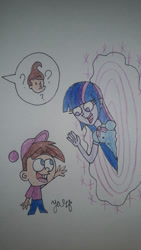 Size: 670x1192 | Tagged: safe, artist:xxyazzychanartsxx, imported from derpibooru, twilight sparkle, human, equestria girls, clothes, crossover, hat, jimmy neutron, jimmy timmy power hour, looking at each other, looking at someone, now you're thinking with portals, pants, pencil drawing, portal, question mark, shirt, signature, smiling, sparkles, tara strong, the adventures of jimmy neutron: boy genius, the fairly oddparents, timmy turner, traditional art, voice actor joke, waving