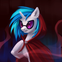 Size: 1920x1920 | Tagged: safe, artist:niia56, imported from derpibooru, dj pon-3, vinyl scratch, pony, unicorn, chaos, chaos star, cloak, clothes, eyebrows, female, glasses, hood, magic, magic aura, mare, pointing, pointing at self, smiling, solo, vinyl's glasses