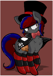 Size: 639x910 | Tagged: safe, artist:malachimoet, imported from derpibooru, oc, oc:velvet soulstone, earth pony, pony, bowtie, clothes, earth pony oc, fancy, hat, socks, solo, striped socks, top hat, tophat