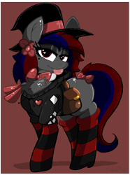 Size: 639x859 | Tagged: safe, artist:malachimoet, imported from derpibooru, oc, oc only, earth pony, bowtie, chest fluff, clothes, earth pony oc, fancy, flower, flower in hair, looking at you, rule 63, socks, solo, striped socks, tongue out