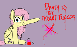 Size: 2701x1638 | Tagged: safe, artist:pinkberry, imported from derpibooru, fluttershy, pegasus, pony, blushing, colored sketch, cute smile, death threat, graffiti, implied princess twilight, implied twilight sparkle, out of character, pointing, rebellion, sitting, sitting on floor, sketch, smiling, solo, spray can, spray paint, subversive kawaii, threat