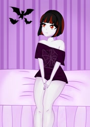 Size: 1566x2199 | Tagged: safe, artist:mimimari, imported from derpibooru, oc, oc:raven moon, bat, human, vampire, equestria girls, bed, clothes, cute, goth, looking up, red and black hair, red eyes, shirt, sitting on bed, spider web, t-shirt