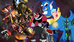 Size: 1280x720 | Tagged: safe, imported from derpibooru, cozy glow, grogar, king sombra, lord tirek, queen chrysalis, alicorn, changeling, changeling queen, pony, taur, fanfic:my little pony x transformers: war for equestria, bumblebee (transformers), emberstone, endgame, female, fight, hot rod, ironhide, photo, real grogar, story included, transformers, ultimate chrysalis, wheeljack